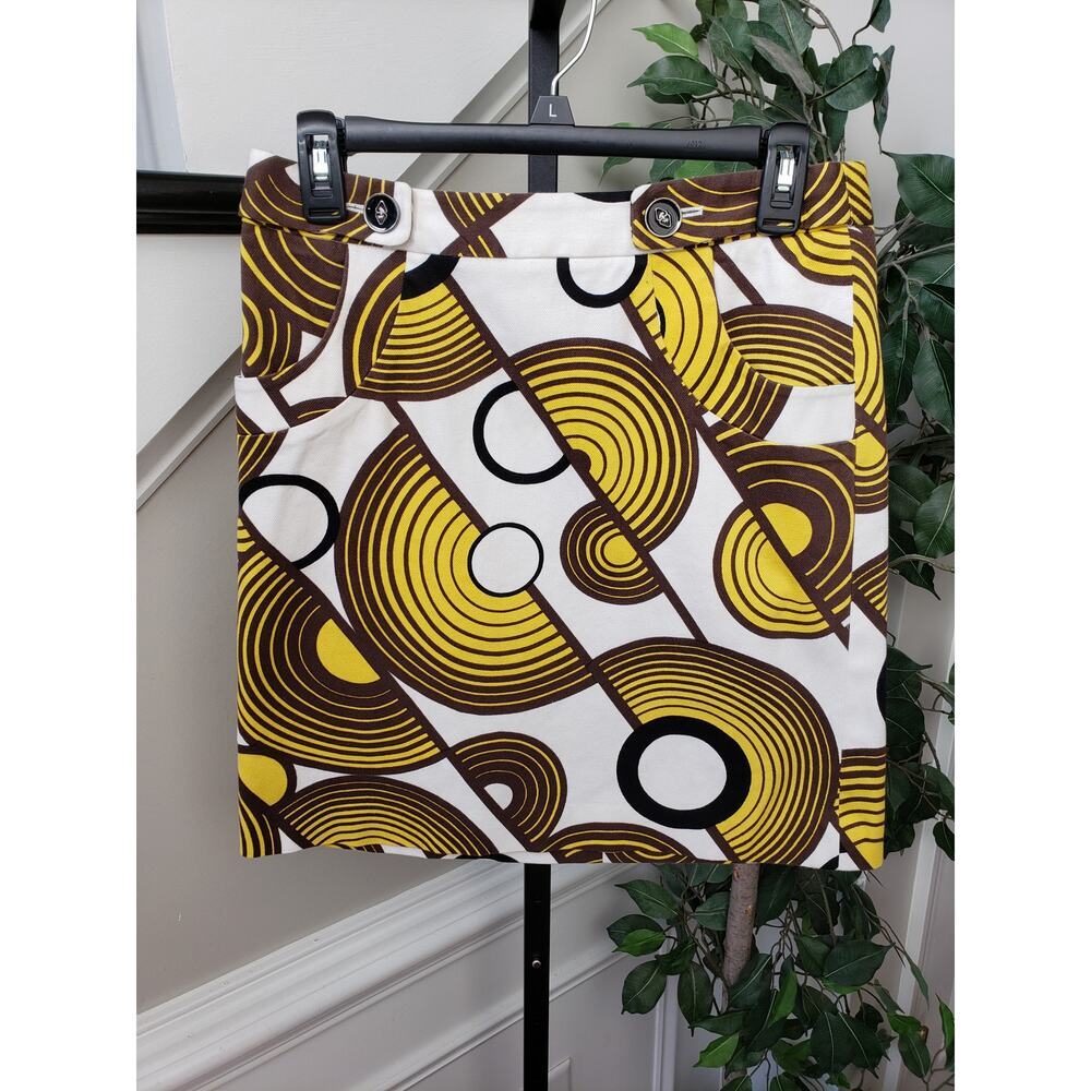 Etcetera Women's Size 4 Mini Skirt Yellow Brown Mod Print‎ Stretch Cotton